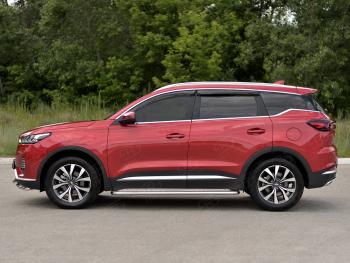 21 999 р. Порожки для ног SLITKOFF (Ø42 мм) Chery Tiggo 7 PRO (2019-2025) (профиль - сталь окрашенная, лист - алюминий)  с доставкой в г. Белгород. Увеличить фотографию 3