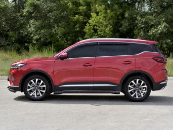 10 599 р. Защита порогов (Ø63 мм, с полимерным покрытием) SLITKOFF Chery Tiggo 7 PRO (2019-2025) (круглые торцы, черный)  с доставкой в г. Белгород. Увеличить фотографию 3
