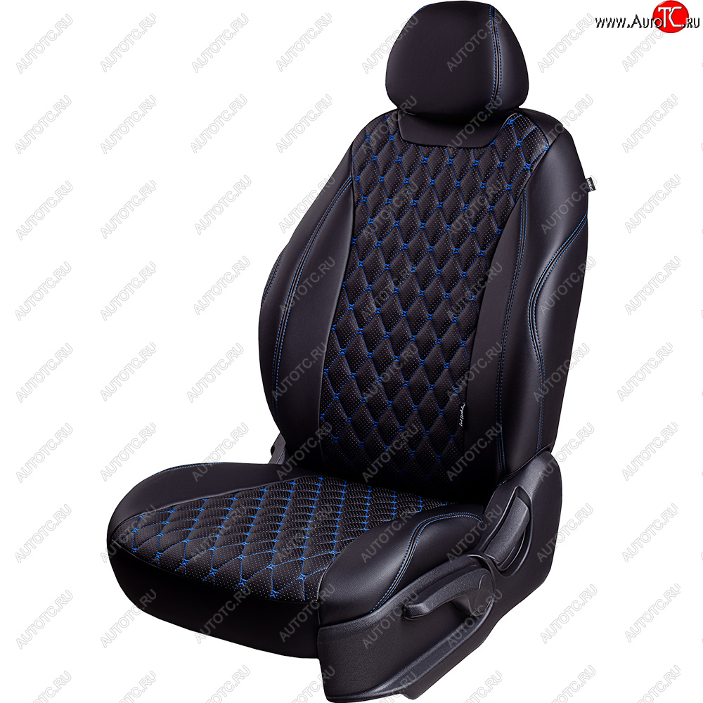 10 499 р. Чехлы для сидений Lord Autofashion Турин Ромб (экокожа, спинка и сиденья 60/40, 2 П-образных подголовника) Vortex Tingo рестайлинг (2012-2014) (Черный, вставка черная, строчка синяя)  с доставкой в г. Белгород
