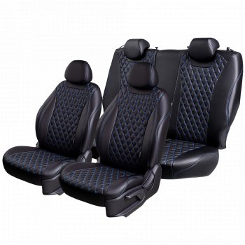 10 499 р. Чехлы для сидений Lord Autofashion Турин Ромб (экокожа, спинка и сиденья 60/40, 2 П-образных подголовника) Vortex Tingo рестайлинг (2012-2014) (Черный, вставка черная, строчка синяя)  с доставкой в г. Белгород. Увеличить фотографию 2