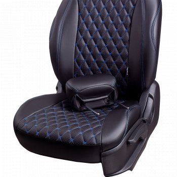10 499 р. Чехлы для сидений Lord Autofashion Турин Ромб (экокожа, спинка и сиденья 60/40, 2 П-образных подголовника) Vortex Tingo рестайлинг (2012-2014) (Черный, вставка черная, строчка синяя)  с доставкой в г. Белгород. Увеличить фотографию 3