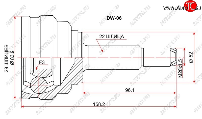 1 599 р. Шрус (наружный) SAT (сальник 52 мм, шлицев 29/22) Daewoo Lanos T100 дорестайлинг, седан (1997-2002)  с доставкой в г. Белгород