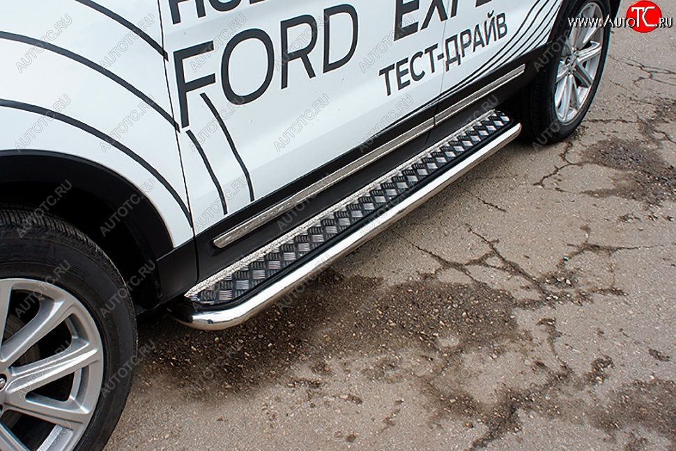 22 899 р. Защита порогов Slitkoff (d57, с листом) Ford Explorer U502 1-ый рестайлинг, 5 дв. (2015-2018) (Нержавейка)  с доставкой в г. Белгород