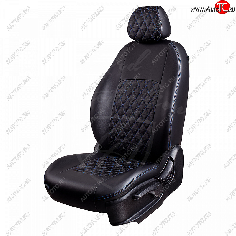 7 199 р. Чехлы для сидений Lord Autofashion Турин Ромб (экокожа) Ford Focus 2 седан рестайлинг (2007-2011) (Черный, вставка черная, строчка синяя)  с доставкой в г. Белгород