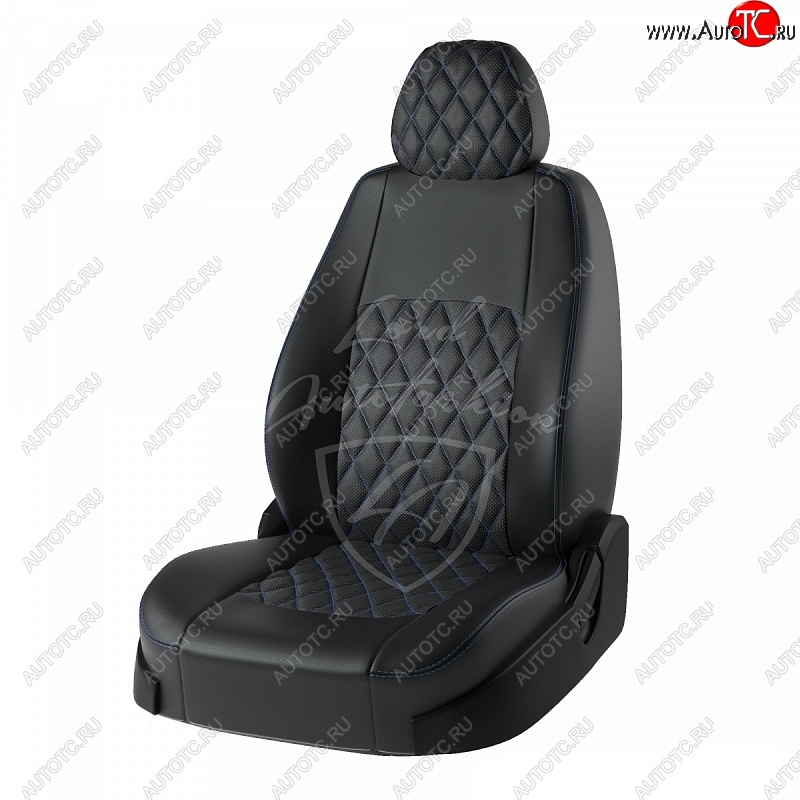 7 199 р. Чехлы для сидений Lord Autofashion Турин Ромб (экокожа) Ford Focus 3 седан рестайлинг (2014-2019) (Черный, вставка черная, строчка синяя)  с доставкой в г. Белгород