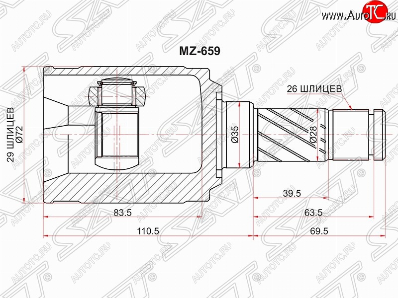 1 849 р. Шрус (внутренний/задний) SAT (шлицы 29/26, сальник 35 мм) Volvo S80 AS60 седан дорестайлинг (2006-2010)  с доставкой в г. Белгород