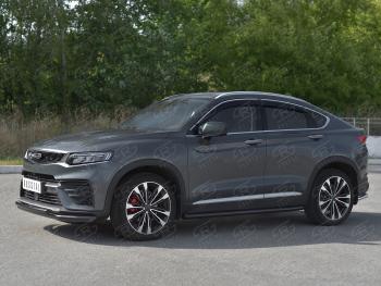 13 999 р. Защита переднего бампера (Ø57/Ø42) SLITKOFF Geely Tugella FY11,HPBA4 дорестайлинг (2019-2023) (нержавейка с полимерным покрытием, черный)  с доставкой в г. Белгород. Увеличить фотографию 2