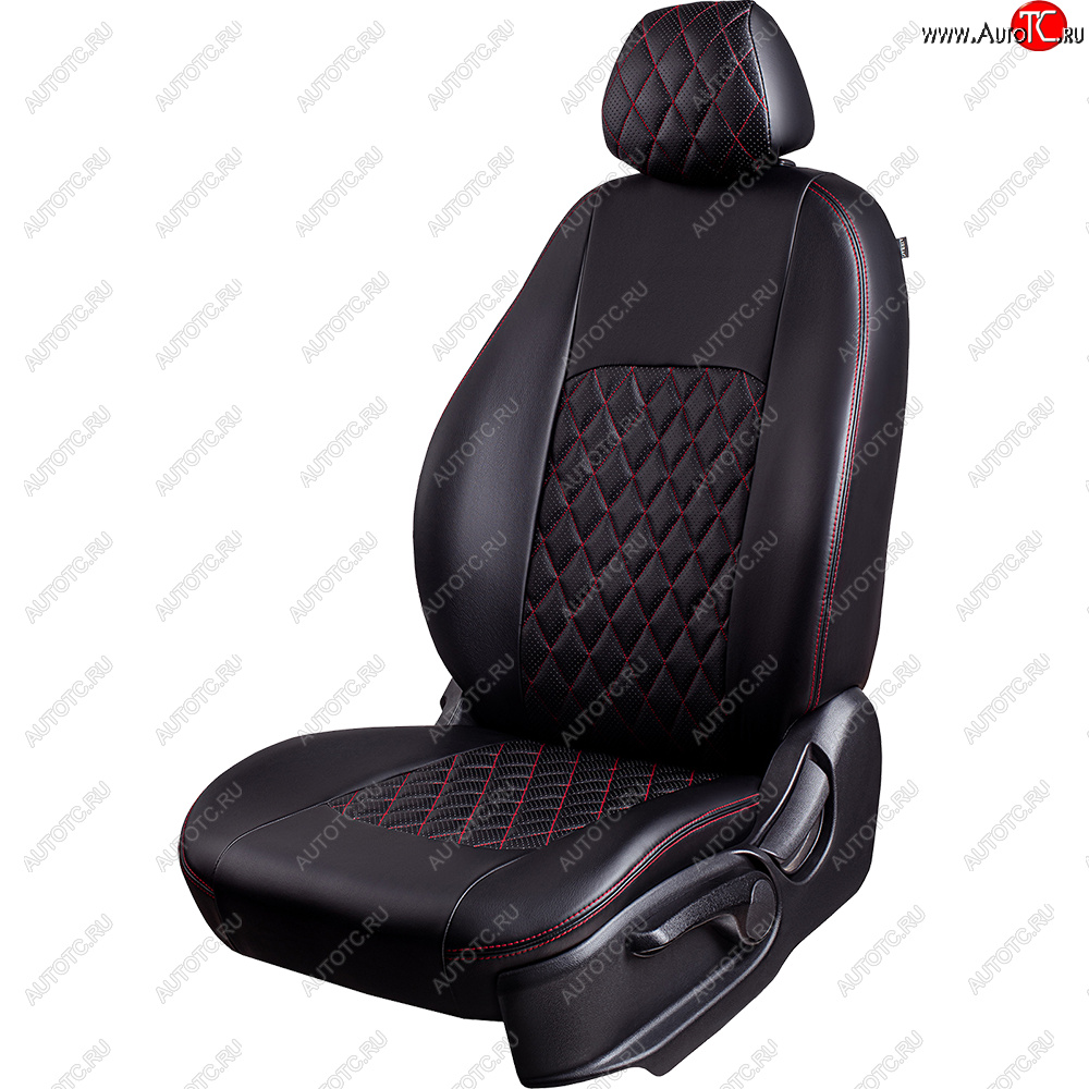 7 199 р. Чехлы для сидений Lord Autofashion Турин Ромб (экокожа, спинка и сиденье 60/40, 2 П- и 1 Г-образных подголовника) Honda CR-V RM1,RM3,RM4 рестайлинг (2014-2018) (Черный, вставка черная, строчка красная)  с доставкой в г. Белгород