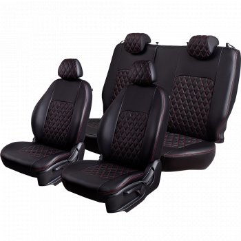 7 199 р. Чехлы для сидений Lord Autofashion Турин Ромб (экокожа, спинка и сиденье 60/40, 2 П- и 1 Г-образных подголовника) Honda CR-V RM1,RM3,RM4 рестайлинг (2014-2018) (Черный, вставка черная, строчка красная)  с доставкой в г. Белгород. Увеличить фотографию 2