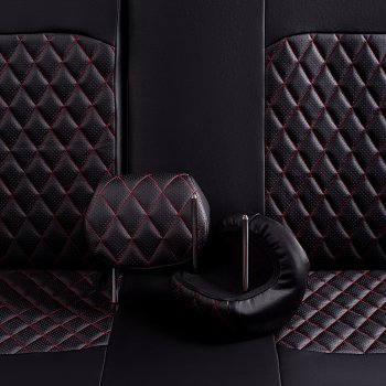 7 199 р. Чехлы для сидений Lord Autofashion Турин Ромб (экокожа, спинка и сиденье 60/40, 2 П- и 1 Г-образных подголовника) Honda CR-V RM1,RM3,RM4 рестайлинг (2014-2018) (Черный, вставка черная, строчка красная)  с доставкой в г. Белгород. Увеличить фотографию 4