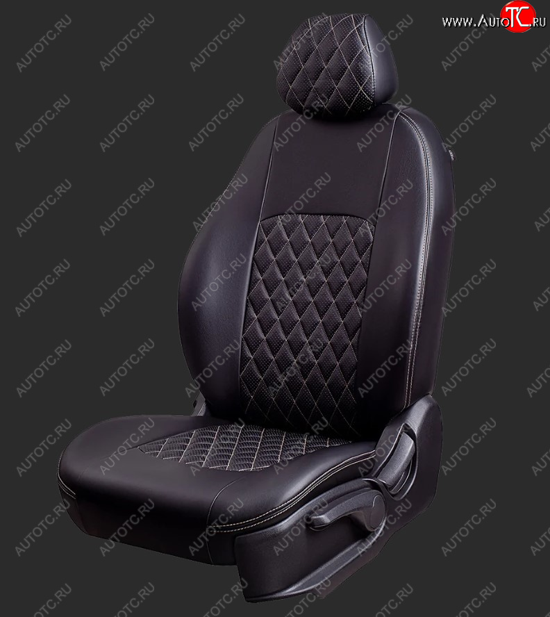 7 199 р. Чехлы для сидений Lord Autofashion Турин Ромб (экокожа, спинка и сиденье 40/60, 2 П- и 1 Г-образных подголовника) Honda CR-V RM1,RM3,RM4 рестайлинг (2014-2018) (Черный, вставка черная, строчка бежевая)  с доставкой в г. Белгород
