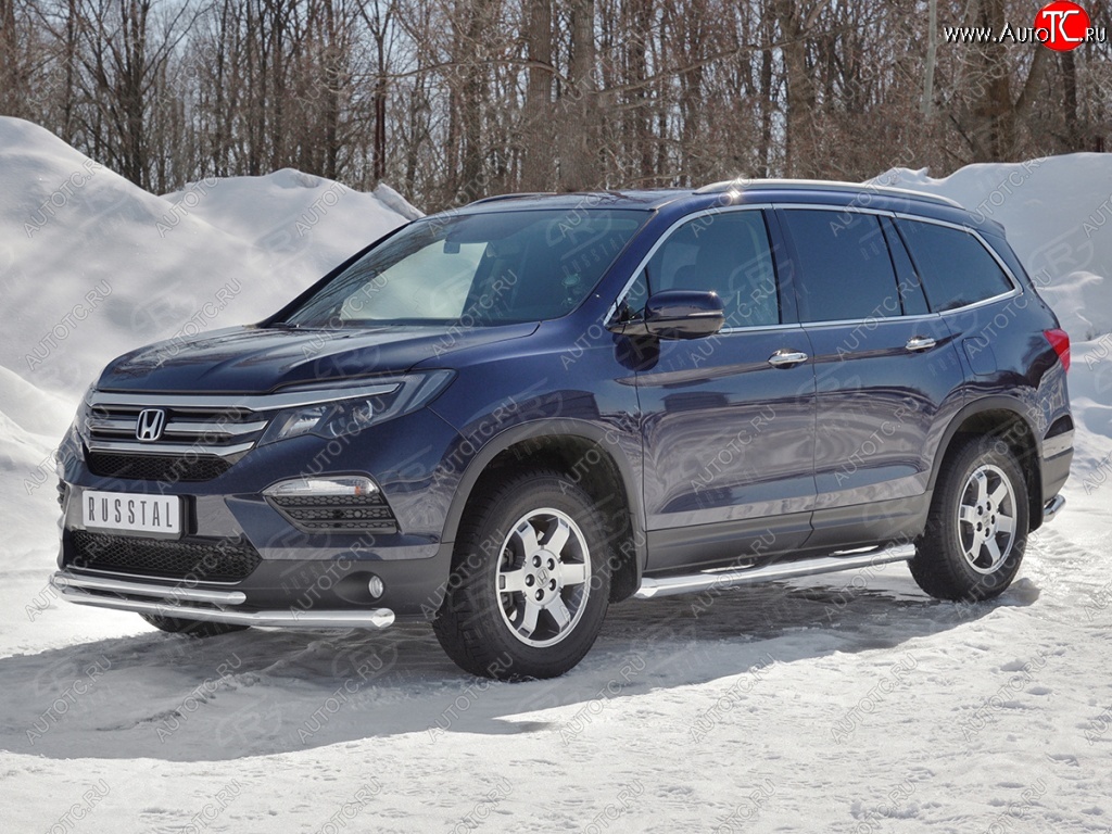 21 699 р. Защита переднего бампера (2 трубы Ø63 и 42 мм, нержавейка) SLITKOFF Honda Pilot YF6 дорестайлинг (2016-2019)  с доставкой в г. Белгород