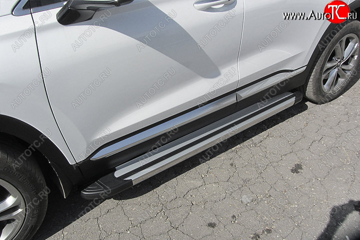 10 699 р. Пороги алюминиевые Slitkoff Hyundai Santa Fe TM дорестайлинг (2018-2021) (Luxe Silver)  с доставкой в г. Белгород
