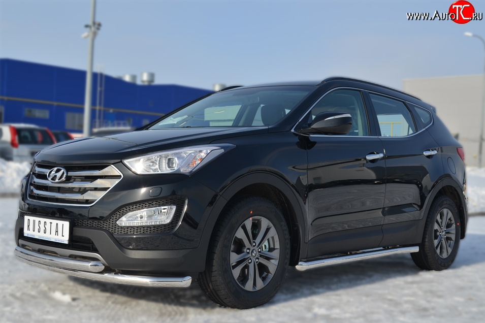12 299 р. Защита порогов из круглой трубы диаметром 63 мм Russtal Hyundai Santa Fe DM дорестайлинг (2012-2016) (Защита порогов с со скосами на торцах (вариант 1))  с доставкой в г. Белгород