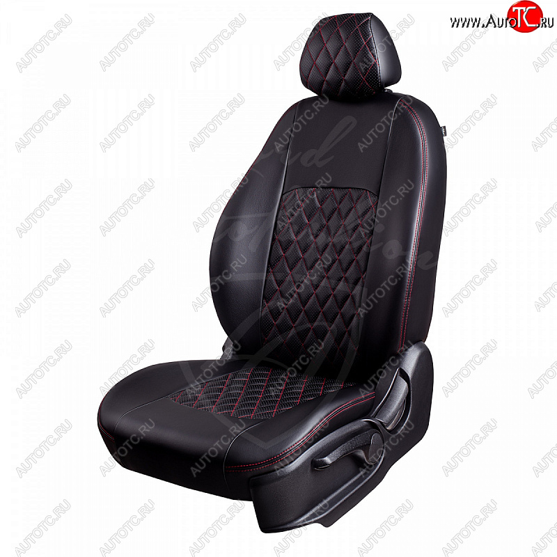 7 199 р. Чехлы для сидений Lord Autofashion Турин Ромб (экокожа) KIA Rio 2 JB дорестайлинг седан (2005-2009) (Черный, вставка черная, строчка красная)  с доставкой в г. Белгород