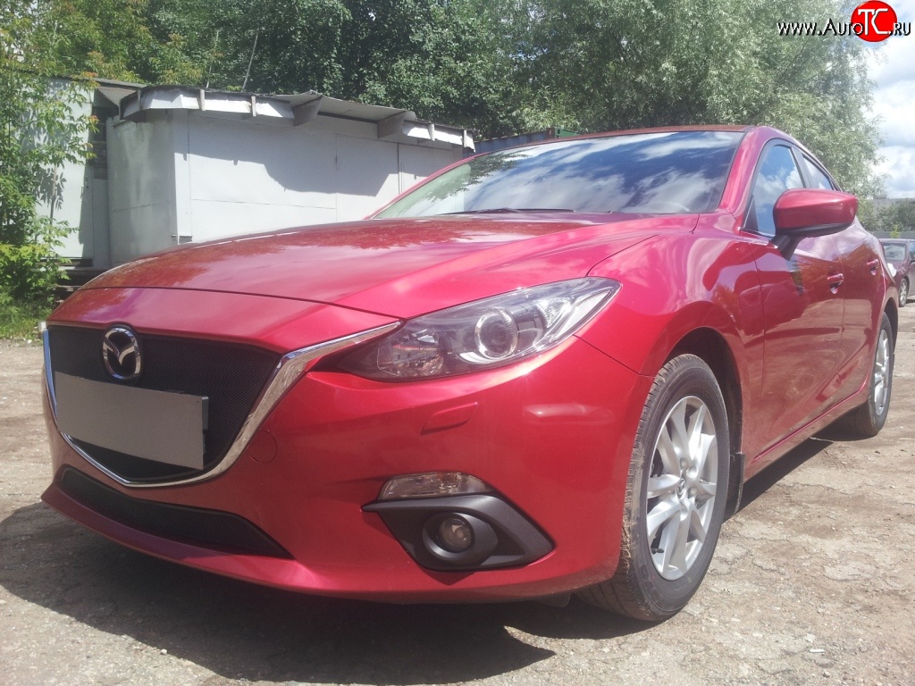 2 599 р. Сетка в решетку радиатора (под номерной знак)Russtal Mazda 3/Axela BM дорестайлинг, хэтчбэк (2013-2016) (черная)  с доставкой в г. Белгород