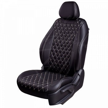 13 949 р. Чехлы для сидений Lord Autofashion Байрон (экокожа, раздельная спинка, подлокотник, отдельные бока, 3 Г-образных подголовника) Mazda 6 GJ 1 рестайлинг универсал (2015-2018) (Черный, вставка черная, строчка бежевая)  с доставкой в г. Белгород. Увеличить фотографию 3