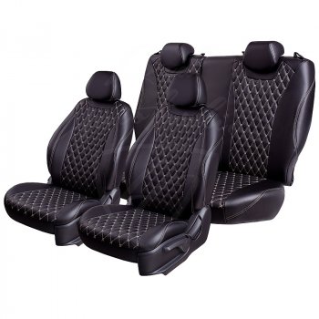 13 949 р. Чехлы для сидений Lord Autofashion Байрон (экокожа, раздельная спинка, подлокотник, отдельные бока, 3 Г-образных подголовника) Mazda 6 GJ 1 рестайлинг универсал (2015-2018) (Черный, вставка черная, строчка бежевая)  с доставкой в г. Белгород. Увеличить фотографию 5