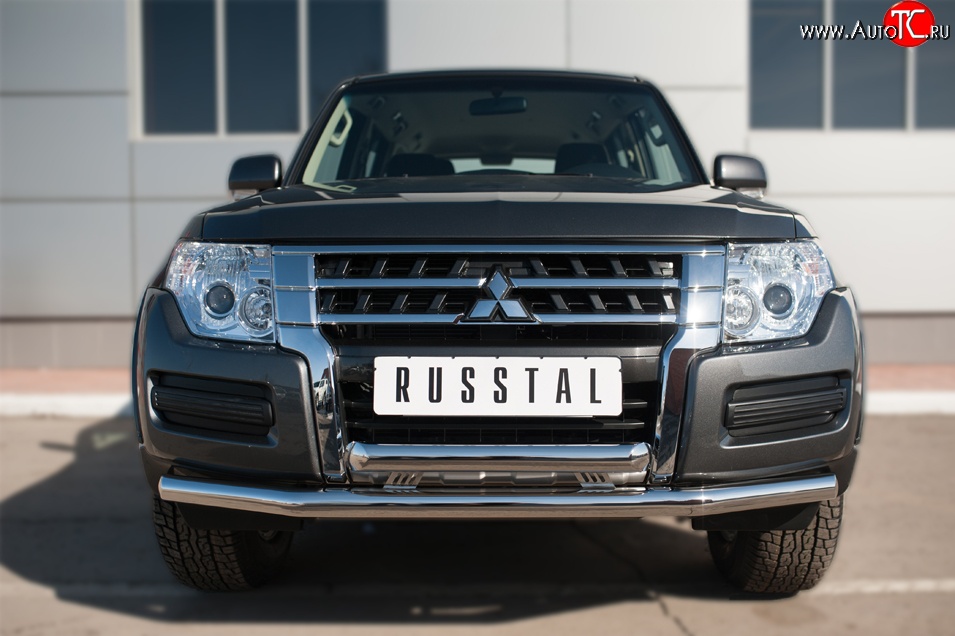 21 849 р. Защита переднего бампера (2 трубыØ63 мм, нержавейка) SLITKOFF Mitsubishi Pajero 4 V90 2-ой рестайлинг (2014-2020)  с доставкой в г. Белгород