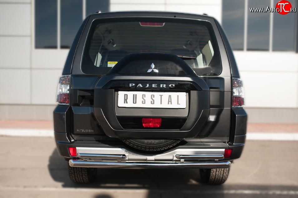 20 449 р. Защита заднего бампера (Ø63 и 42 мм, нержавейка) SLITKOFF Mitsubishi Pajero 4 V90 2-ой рестайлинг (2014-2020)  с доставкой в г. Белгород