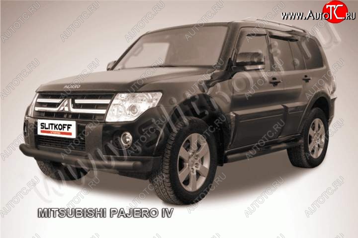9 449 р. Защита переднего бампер Slitkoff Mitsubishi Pajero 4 V80 дорестайлинг (2006-2011) (Цвет: серебристый)  с доставкой в г. Белгород