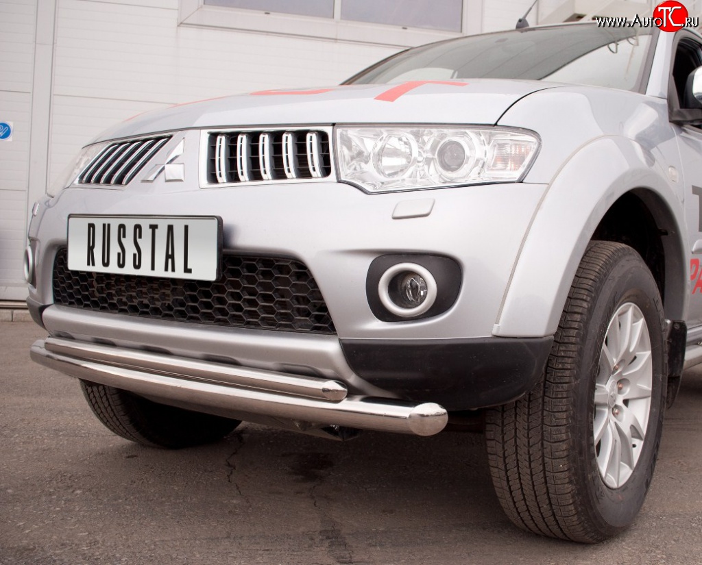 21 799 р. Защита переднего бампера (2 трубыØ76 и 63 мм, нержавейка) SLITKOFF Mitsubishi Pajero Sport PB дорестайлинг (2008-2013)  с доставкой в г. Белгород
