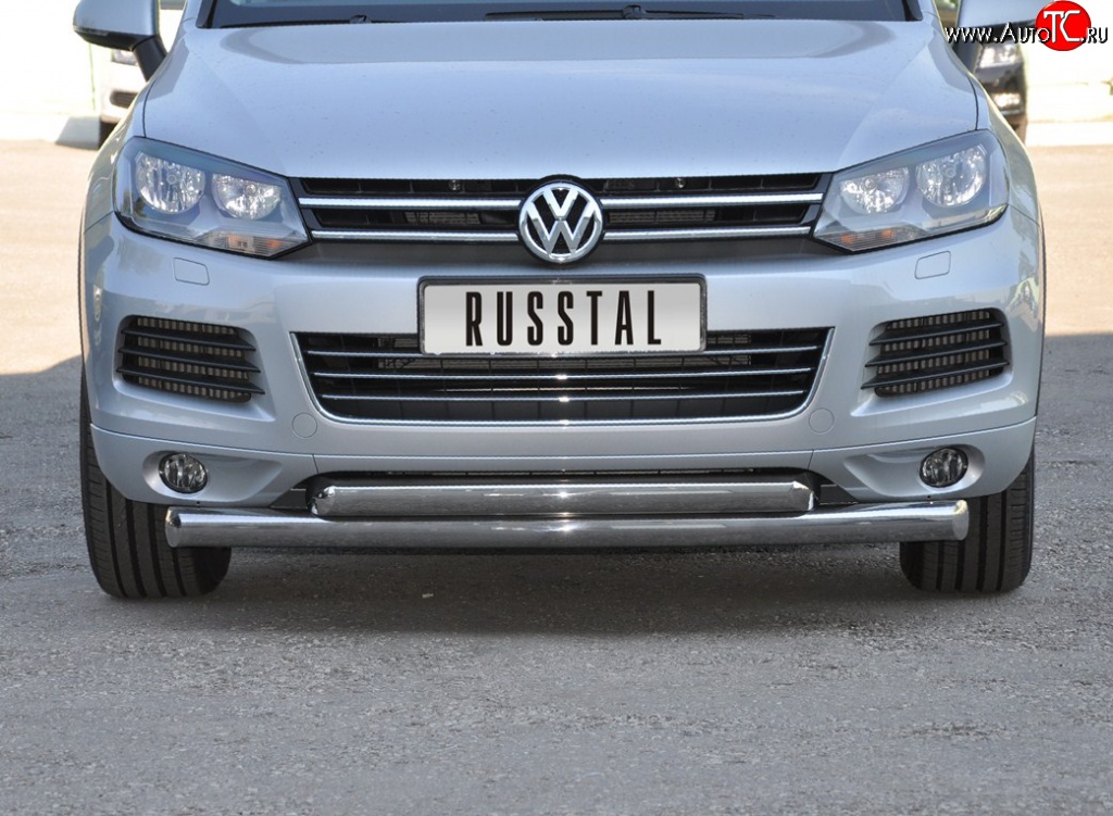 22 549 р. Защита переднего бампера (2 трубыØ76 и 63 мм, нержавейка) SLITKOFF Volkswagen Touareg 2 NF дорестайлинг (2010-2014)  с доставкой в г. Белгород