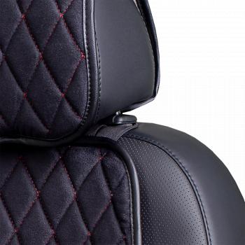 1 679 р. Накидка на сиденье (1 место Софа) МОНРО ст РОМБ Lord Autofashion Honda Mobilio 2 DD4,DD5 дорестайлинг (2013-2017) (черный, строчка красная)  с доставкой в г. Белгород. Увеличить фотографию 4
