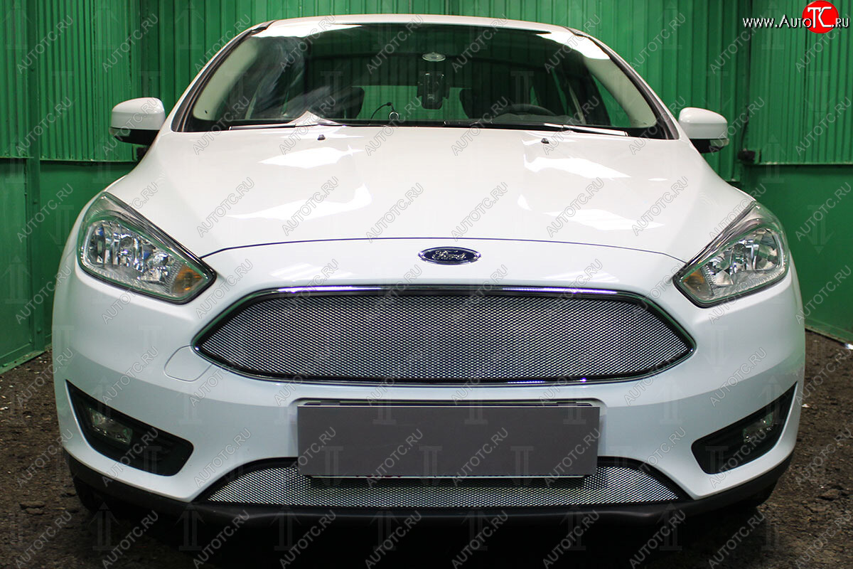 2 899 р. Защитная сетка в бампер (низ, ячейка 3х7 мм) Alfeco Стандарт Ford Focus 3 седан рестайлинг (2014-2019) (Хром)  с доставкой в г. Белгород