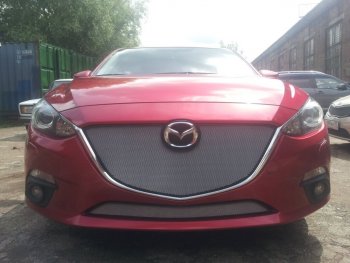 Защитная сетка в бампер (низ, ячейка 3х7 мм) Alfeco Стандарт Mazda 3/Axela BM дорестайлинг, хэтчбэк (2013-2016) (Хром)