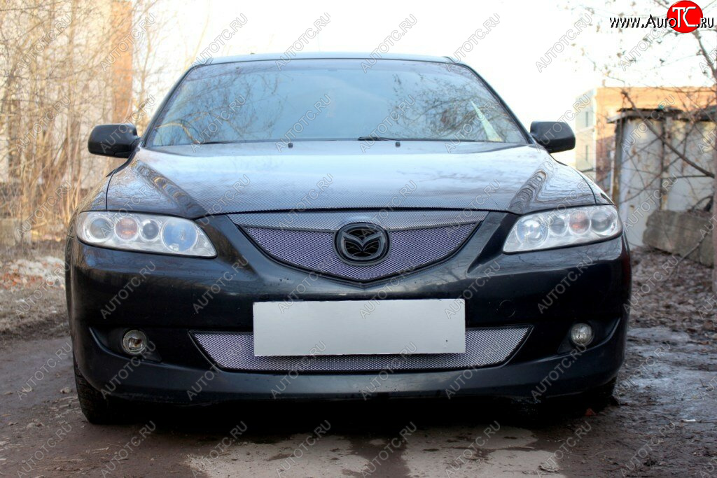 3 199 р. Защитная сетка в бампер (верх, ячейка 3х7 мм) Alfeco Стандарт Mazda 6 GG седан дорестайлинг (2002-2005) (Хром)  с доставкой в г. Белгород