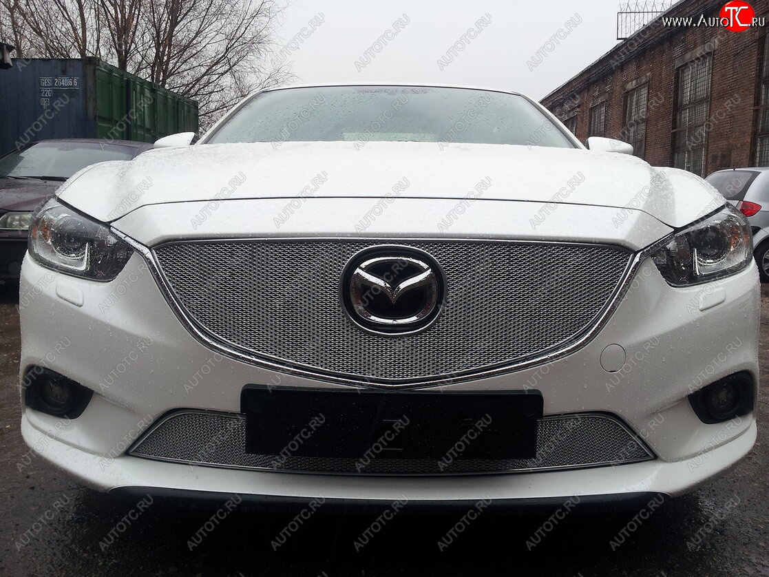 4 399 р. Защитная сетка в бампер (низ, ячейка 4х10 мм) Alfeco Премиум Mazda 6 GJ дорестайлинг седан (2012-2015) (Хром)  с доставкой в г. Белгород