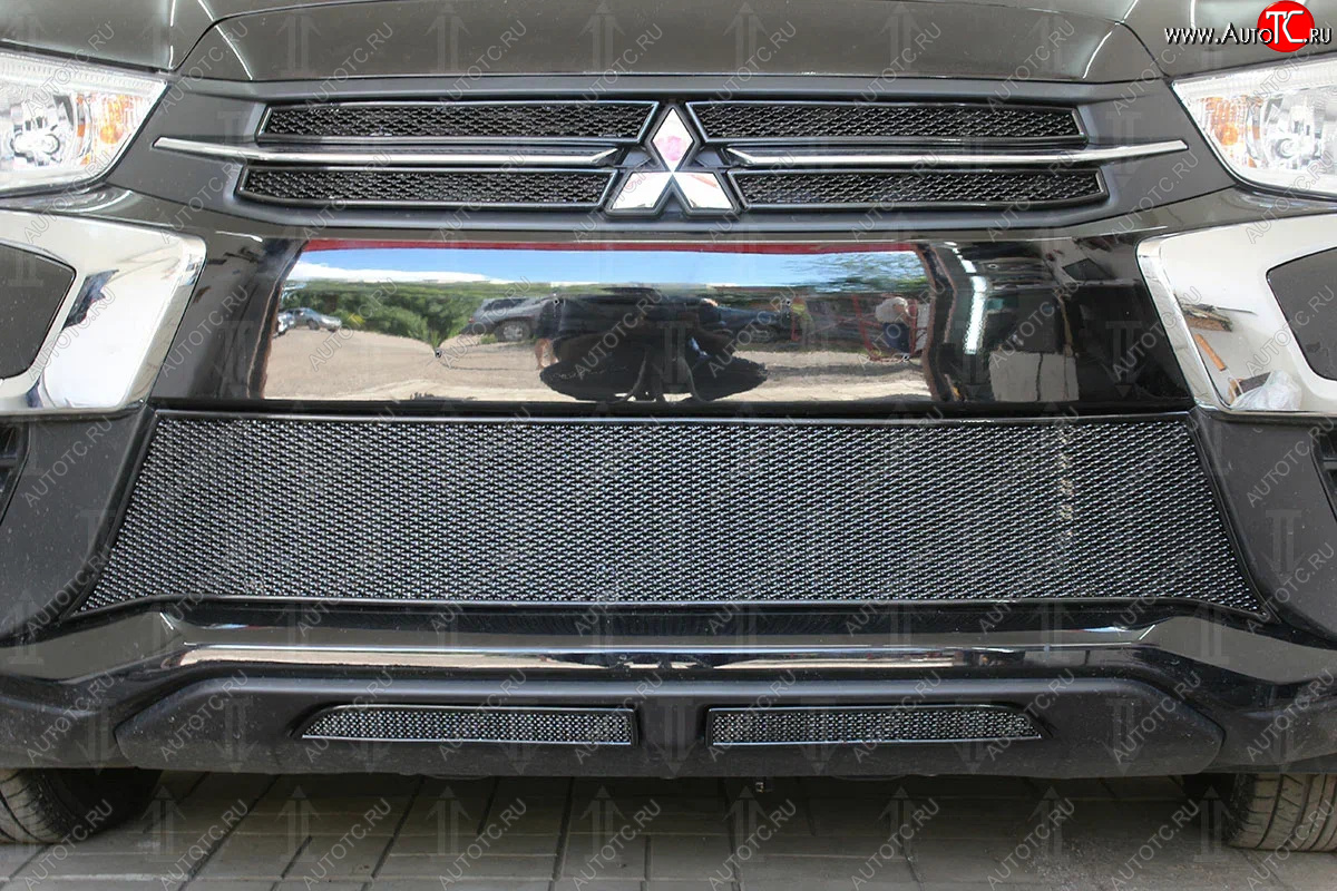 5 249 р. Защитная сетка в бампер (середина, ячейка 4х10 мм) Alfeco Премиум Mitsubishi ASX 2-ой рестайлинг (2017-2020) (Чёрная)  с доставкой в г. Белгород