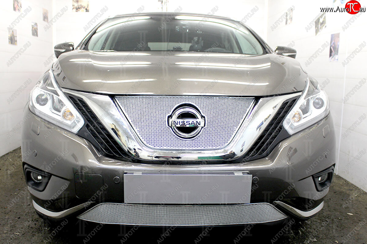 4 649 р. Защитная сетка в бампер (низ, ячейка 4х10 мм) Стрелка11 Премиум Nissan Murano 3 Z52 дорестайлинг (2015-2022) (Хром)  с доставкой в г. Белгород