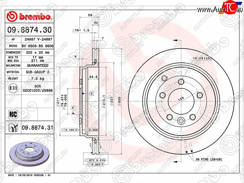 5 799 р. Задний тормозной диск (вентилируемый, d 325) BREMBO дизель Land Rover Range Rover Sport 1 L320 дорестайлинг (2005-2009)  с доставкой в г. Белгород