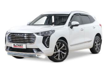 Защита переднего бампера d57+d42 двойная 2WD Slitkoff Haval Jolion (2020-2024) дорестайлинг (Сталь с полимерным покрытием в цвет серебристый)
