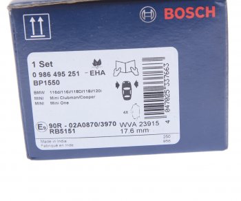 2 889 р. Колодки тормозные передние (4шт.) BOSCH BMW 1 серия E81 хэтчбэк 3 дв. рестайлинг (2007-2012)  с доставкой в г. Белгород. Увеличить фотографию 4