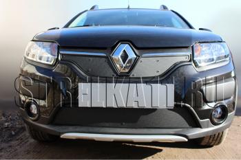 Зимняя заглушка решетки радиатора (верх) Стрелка11 Renault Logan 2 дорестайлинг (2014-2018) (черная)