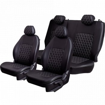 7 199 р. Чехлы для сидений Lord Autofashion Турин Ромб (экокожа, спинка и сиденье 60/40, 2 Г-образных подголовника) Skoda Fabia Mk2 хэтчбэк рестайлинг (2010-2014) (Черный, вставка черная, строчка серая)  с доставкой в г. Белгород. Увеличить фотографию 2