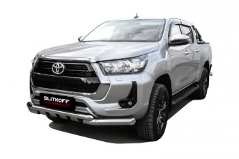 24 649 р. Защита переднего бампера Slitkoff (Ø 76+Ø 57, двойная с профильной ЗК). Toyota Hilux AN120 1-ый рестайлинг (2017-2020)  с доставкой в г. Белгород. Увеличить фотографию 2