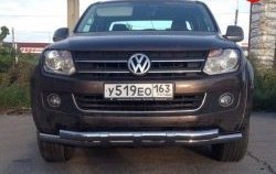 Двойная защита переднего бампера d63.5 мм с пластинами Металл Дизайн Volkswagen Amarok дорестайлинг (2009-2016) (полированная нержавейка)