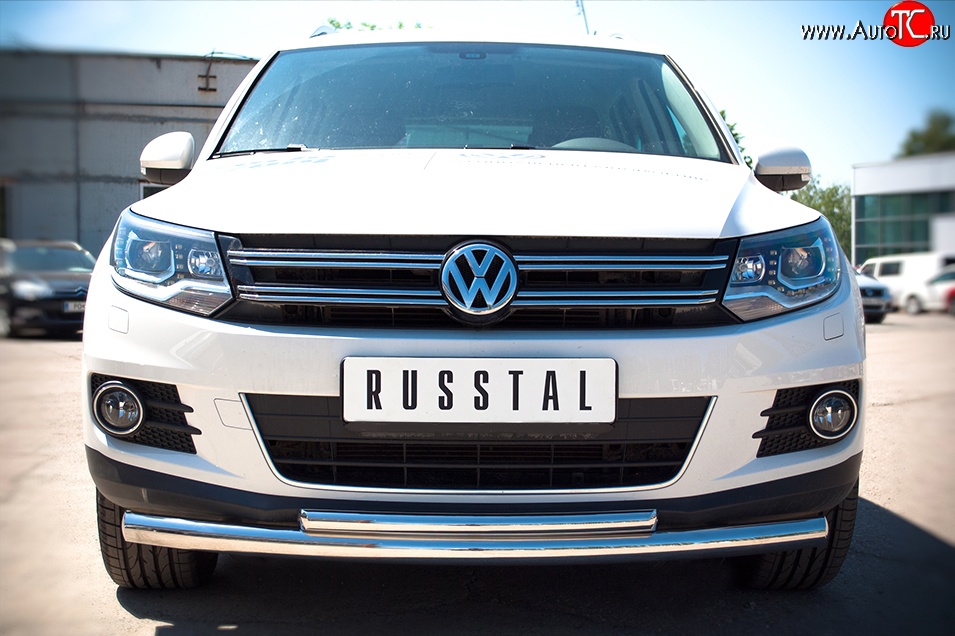 15 249 р. Защита переднего бампера (2 трубыØ63 и 42 мм, нержавейка) SLITKOFF Volkswagen Tiguan NF рестайлинг (2011-2017)  с доставкой в г. Белгород