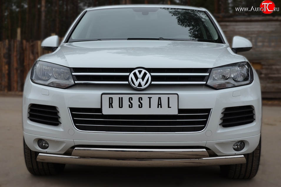 16 849 р. Защита переднего бампера (2 трубыØ75х42 мм, нержавейка) Russtal Volkswagen Touareg 2 NF дорестайлинг (2010-2014)  с доставкой в г. Белгород