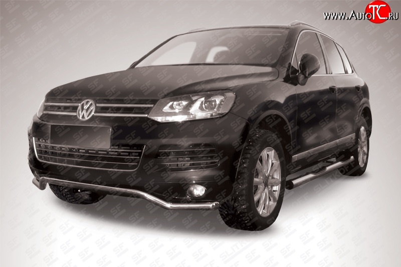 15 999 р. Защита переднего бампера из фигурной трубы диаметром 57 мм Slitkoff Volkswagen Touareg 2 NF дорестайлинг (2010-2014) (Цвет: нержавеющая полированная сталь)  с доставкой в г. Белгород